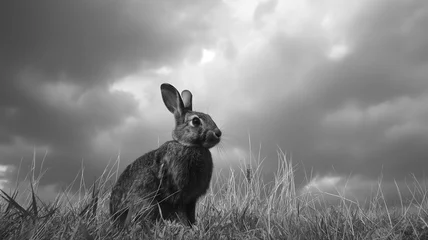 Tuinposter Black and white photography of the rabbit taken on meadow, dark with clouds. Animal photography © Furkan
