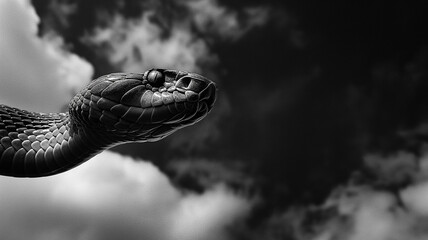 Black and white photography of the snake taken on meadow, dark with clouds. Animal photography