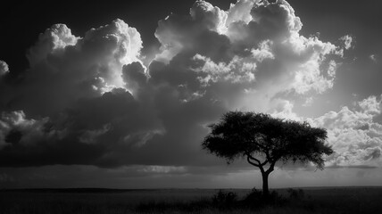 Black and white photography of the single tree, dark with clouds. Landscapes photography.