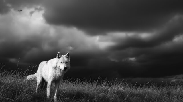 Black and white photography of the wolf taken on meadow, dark with clouds. Animal photography