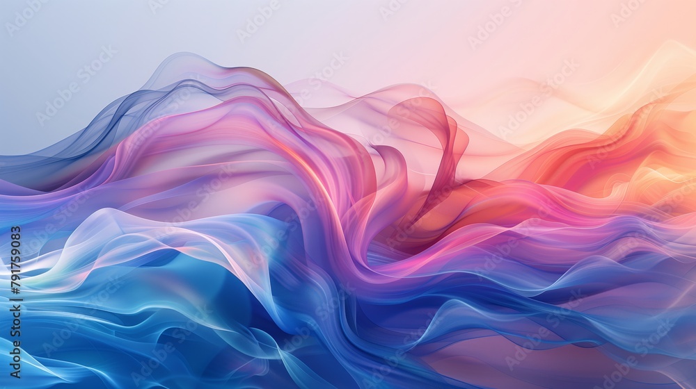Poster flowing abstract art with undulating lines in pink and blue tones.