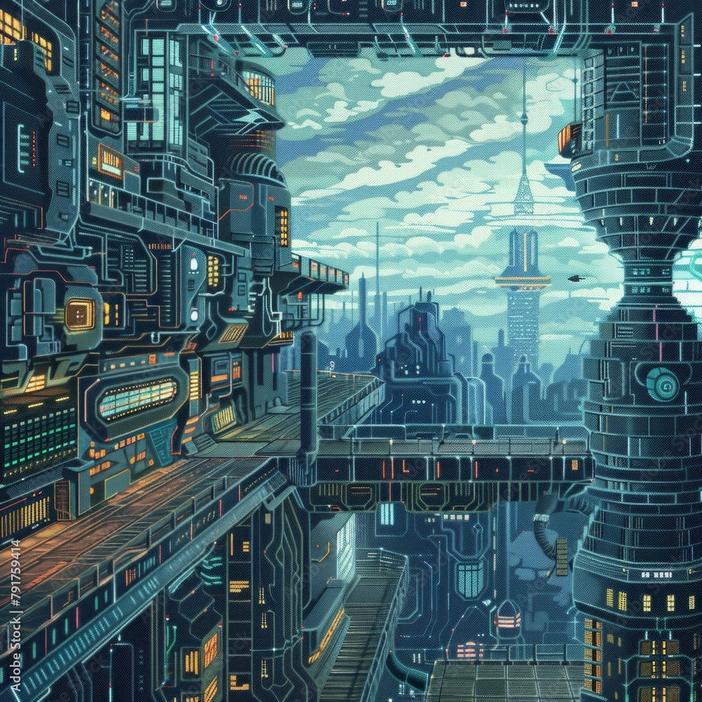 Wall mural A futuristic cityscape with a large tower in the background