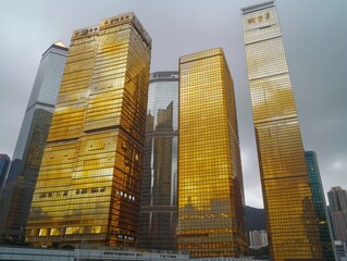 Two skyscrapers in Hong Kong with the IFC Centre in the foreground