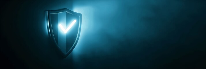 A single, luminous blue shield with a check mark signifies security and protection in a dark, obscured setting