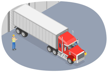 3D Isometric Flat  Illustration of Heavy Vehicle Driving, Semi-trailer Moving Backward