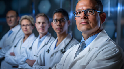 Fototapeta premium Smiling doctor and nurse in uniforms stand together, a friendly healthcare team portrait.