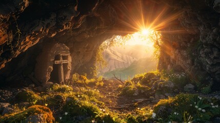 Empty Tomb With Crucifixion At Sunrise - Resurrection Concept. Resurrection - Light In Tomb Empty With Crucifixion At Sunrise, easter , jesus , christian ,background