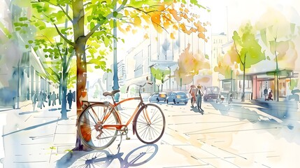 Fototapeta premium Eco-Friendly Urban Scene with Watercolor Bicycle