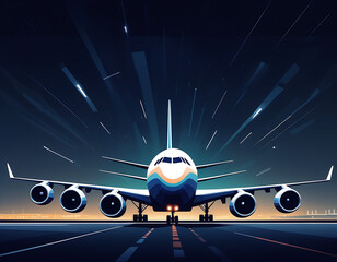 a large jetliner sitting on top of an airport tarmac at night with lights on the side of the plane and a dark sky behind it abstract illustration minimalistic geometric background - obrazy, fototapety, plakaty