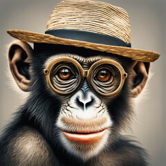 Małpa w kapeluszu - obrazy, fototapety, plakaty