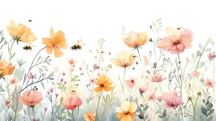 Watercolor of Bees Pollinating Wildflowers: Celebrating Biodiversity's Harmony - obrazy, fototapety, plakaty