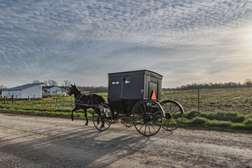 Amish buggy on rural road with cloudy sky,