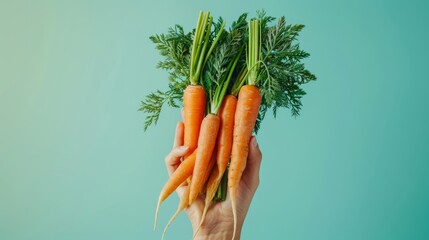 Creative advertisement concept of a hand holding up fresh carrots, crisp and inviting, ideal for a vegetable promotion, pastel background, studio lighting - obrazy, fototapety, plakaty