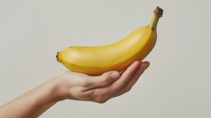Creative advertisement featuring a hand holding a banana, emphasizing simplicity and freshness, pure white background, studio lighting