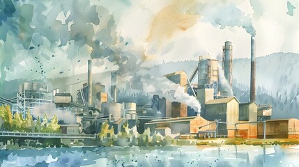 Recycled Paper Production: A Serene Watercolor Scene Highlighting Sustainable Manufacturing