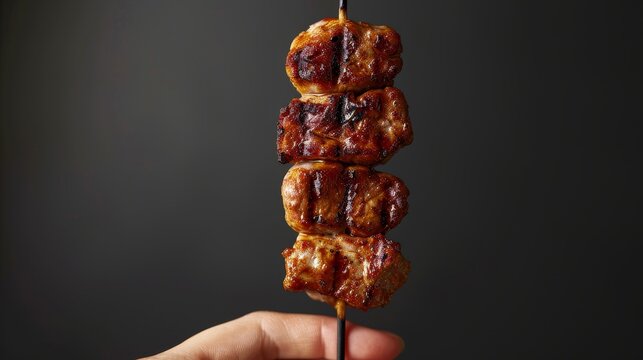 A detailed, appetizing image of a hand holding a savory pork skewer, designed for impactful advertising, on a sleek isolated background