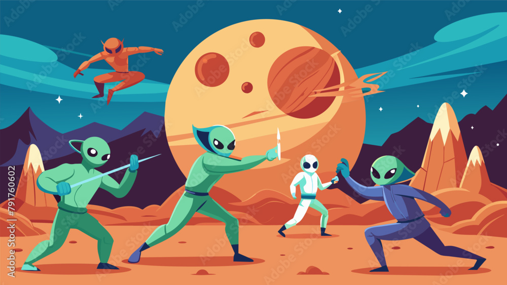 Poster on a distant planets surface a group of aliens use their advanced martial arts skills to fight again