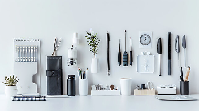 set of office supplies on white background