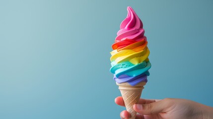 Bright and playful ad photo of a hand holding swirl rainbow ice cream, sharply contrasted against an isolated background, studio lighting for clarity