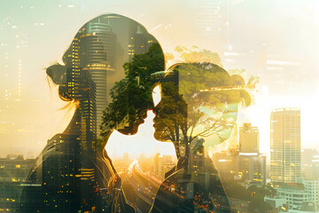 Doing business and investing sustainably, giving importance to the ecosystem in the organization and company, double exposure image - obrazy, fototapety, plakaty