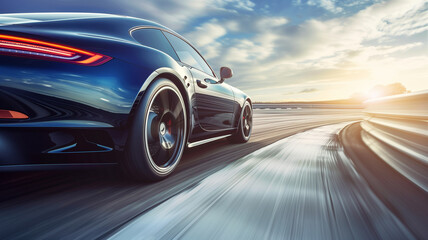 Sports car driving fast on the road with motion blur