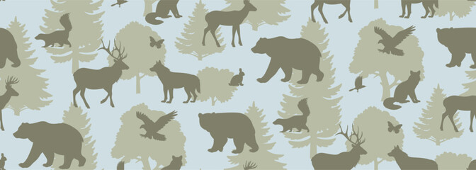 Forest animal vector seamless pattern. Animals and trees silhouette illustration background. Nature green and blue camouflage wallpaper design.