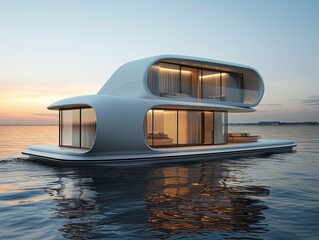 A large white house is floating on the water. The house is shaped like a boat and has a unique design. The water is calm and the sky is a beautiful orange color