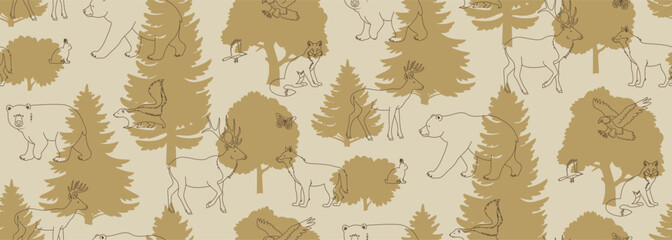 Forest animal vector seamless pattern. Animals and trees illustration. Nature sand camouflage wallpaper design. Monochrome background.