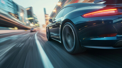 Fototapeta premium Sports car driving fast on the road with motion blur