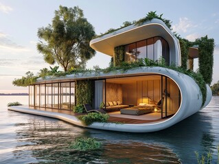 A house with a tree growing out of it is floating on the water. The house is surrounded by a lot of greenery, and the water is calm. The house is a unique and creative design that blends nature