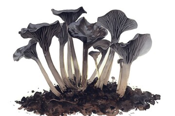 A minimalist watercolor of Black Trumpet mushrooms emerging from dark soil, elegant trumpets in muted blacks and grays, white background, vivid watercolor, 100 isolate