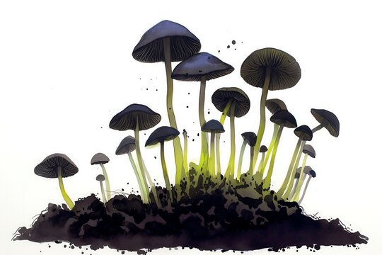 A minimalist watercolor of Black Trumpet mushrooms emerging from dark soil, elegant trumpets in muted blacks and grays, white background, vivid watercolor, 100 isolate