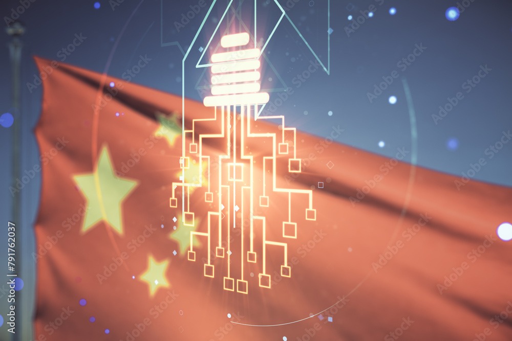 Poster virtual creative light bulb with chip hologram on chinese flag and sunset sky background, artificial