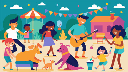 A hub of vibrant activity as live music plays children play games and friendly pet dogs roam a the hustle and bustle.