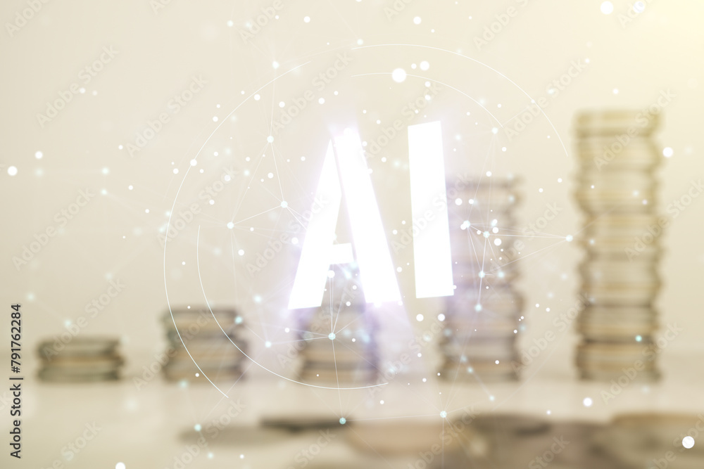 Aufkleber abstract virtual artificial intelligence symbol hologram on stacks of coins background. multiexposur