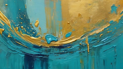 Psychedelic Symphony of Painting, Abstract Waves, Colorful Art in blue and gold