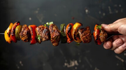 Dynamic shot of a hand gripping a kebab with vibrant meat and vegetables, high contrast against a sleek black studio background - obrazy, fototapety, plakaty