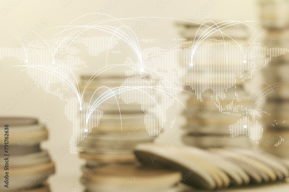 Poster double exposure of abstract digital world map hologram with connections on growing stacks of coins b