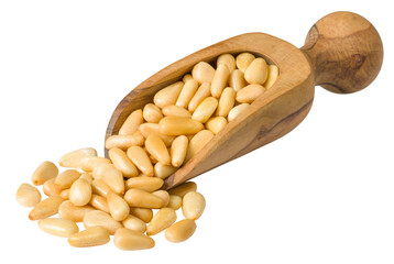 Roasted pine nuts in the wooden scoop, isolated on the white background.
