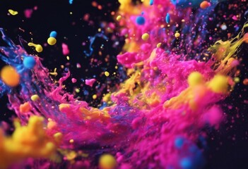 'background. Glowing liquid particles dark flow dynamic Fluo confetti colorful fluid Trendy design shattered atom pulverize particle shimmer glittering pattern graphic closeup cosmic s' - obrazy, fototapety, plakaty