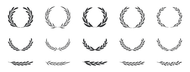 Set of wreaths and branches with leaves. Hand drawing laurel wreaths and branches collection. Laurels wreaths, swirls, twigs and flower ornaments. Herbs, flowers and plants elements. Design elements.