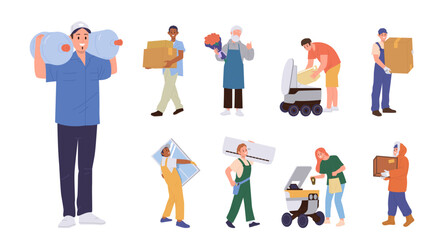 Delivery man cartoon characters isolated big set, people holding goods for shipment on white - obrazy, fototapety, plakaty