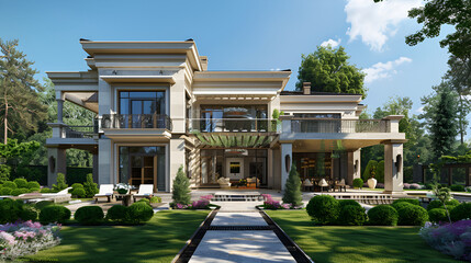 Illustration of a house on a white background. Modern luxury architecture. House on the background of trees,Luxury home design and beautiful Blue house in beautiful landscape with trees and grass 
