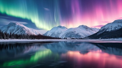A spectacular view of the night sky in Alaska, featuring a vibrant, swirling display of the Aurora Borealis above a distant mountain range - obrazy, fototapety, plakaty