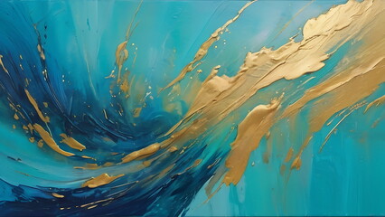 Art Painting Texture Background, Abstract Waves in blue and gold colors