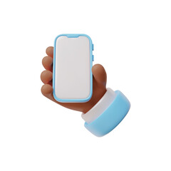 Hand holding mobile smartphone with white screen 3D vector, afro arm with blue sleeve holding gadget with empty display