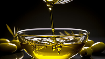 Pouring olive oil into glass bowl with olives around on a dark background. Close-up studio shot. Mediterranean cuisine and healthy eating concept for design and print.