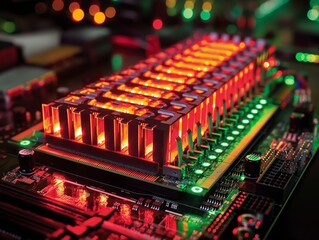 A computer board with many small lights on it. The lights are red and green. The board is very colorful and has a lot of detail