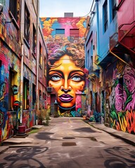 A colorful mural of a woman's face in an urban alleyway