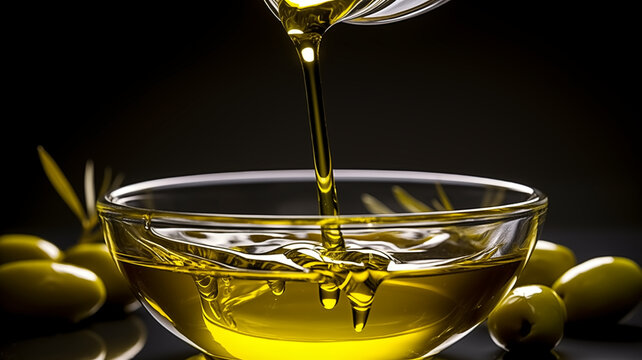 Pouring olive oil into glass bowl with olives around on a dark background. Close-up studio shot. Mediterranean cuisine and healthy eating concept for design and print.